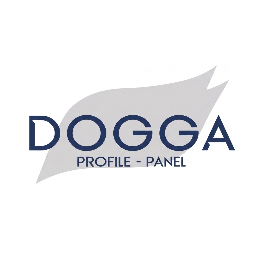 Dogga Profile-Panel logosu: beyaz zeminde koyu mavi yazı, arkada gri fırça darbesi