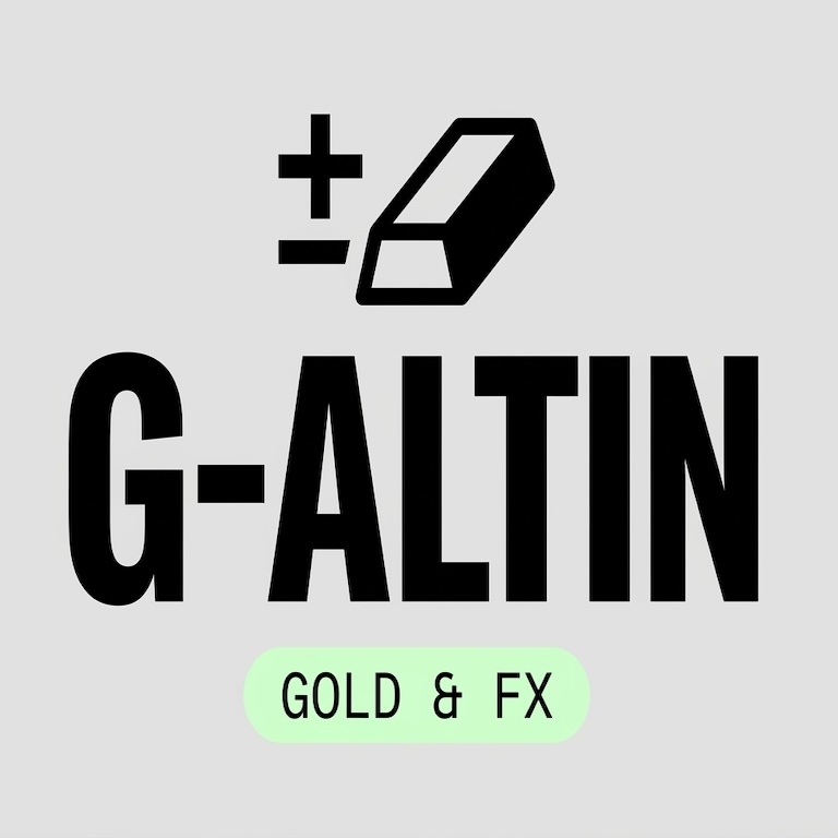 G-ALTIN logosu: artı-eksi ve külçe ikonu, mint etiketle Gold & FX