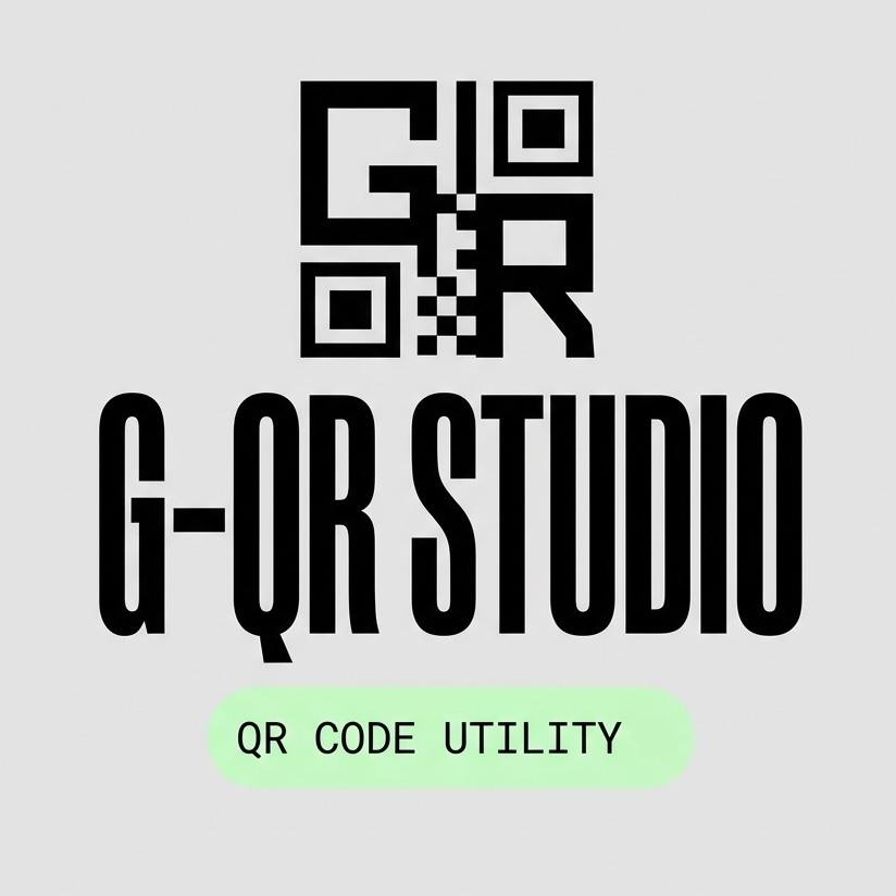 G-QR Studio logosu: QR kod motifli G ve R işareti, mint etiketle QR Code Utility
