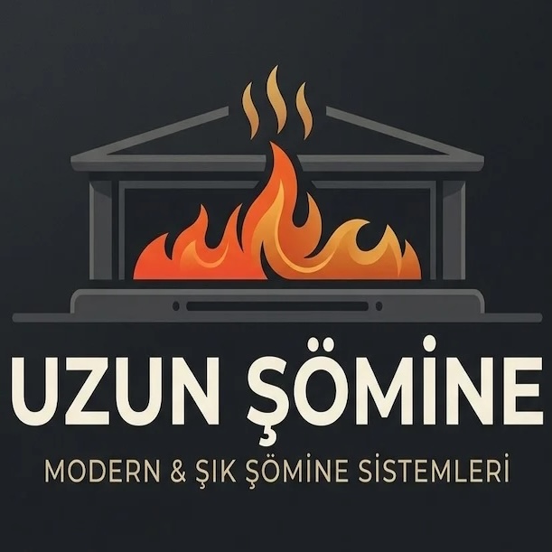 Uzun Şömine logosu: koyu zeminde şömine alevi, altta Modern & Şık Şömine Sistemleri
